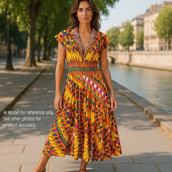 VTG 100% Cotton Geometric Artsy Boho Midi Dress Women's Large Beaded Resortwear - Picture 1 of 12